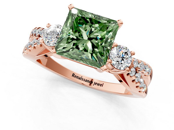 Rose gold Fancy Green Princess Cut Diamond Three-Stone Ring with Pavé Split Shank and Four-Prong Setting