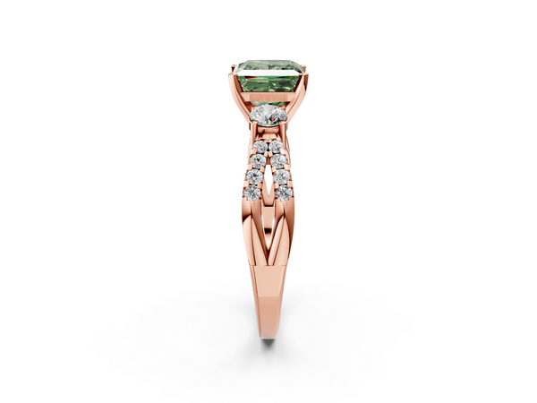 Rose gold Fancy Green Princess Cut Diamond Three-Stone Ring with Pavé Split Shank and Four-Prong Setting