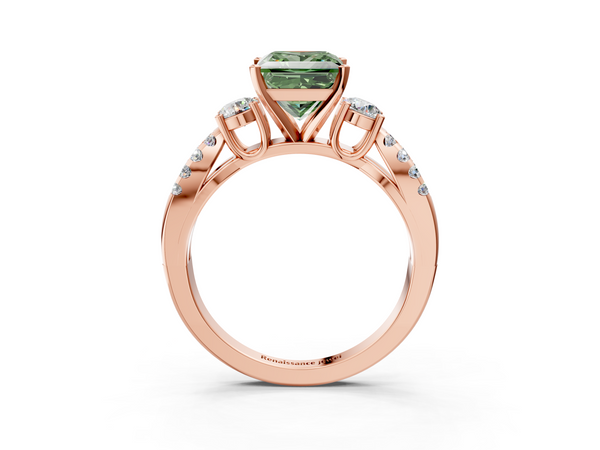 Rose gold Fancy Green Princess Cut Diamond Three-Stone Ring with Pavé Split Shank and Four-Prong Setting