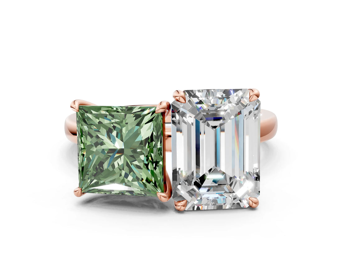 Rose gold Fancy Green Princess  and Emerald Cut Toi Moi Ring with Prong Setting_29