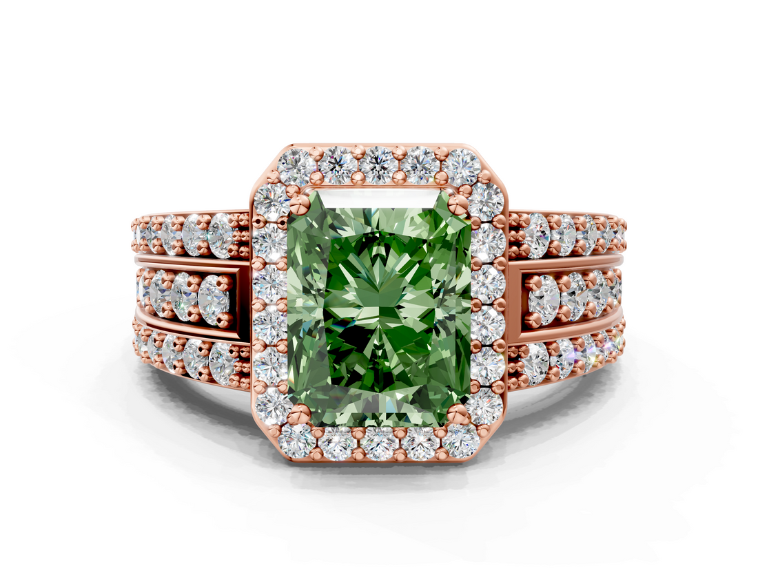 Rose gold Fancy Green Radiant -Cut Halo Diamond Ring with Split Shank and Four-Prong Setting_105