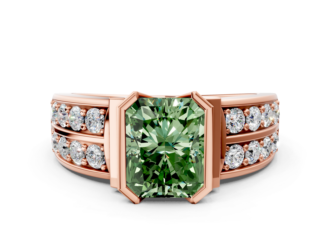 Rose gold Fancy Green Radiant  Brilliant Diamond Channel Set Wide Band Ring with Bezel Setting_20