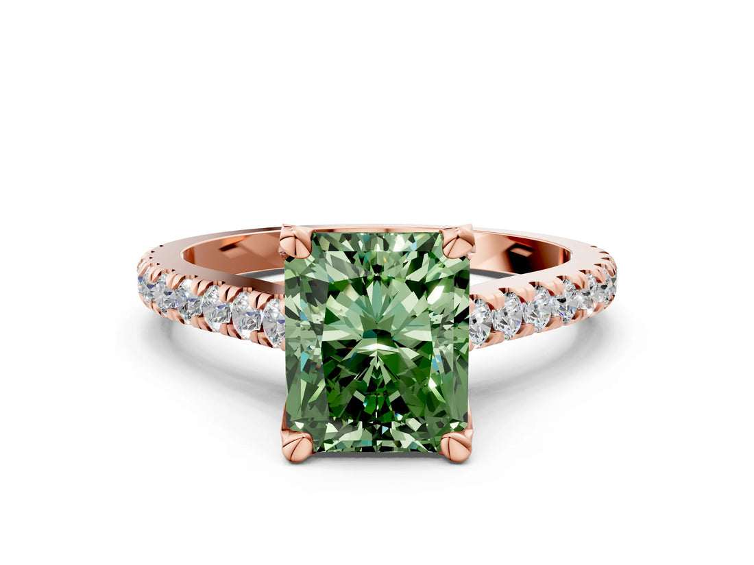 Rose gold Fancy Green Radiant  Brilliant Diamond Solitaire with Pavé Band and Four-Prong Setting 1