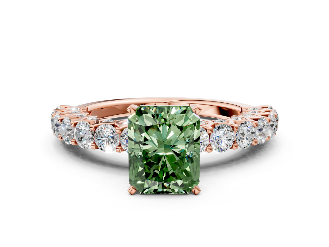 Rose gold Fancy Green Radiant  Brilliant Solitaire with Pavé Band and Four-Prong Setting_40