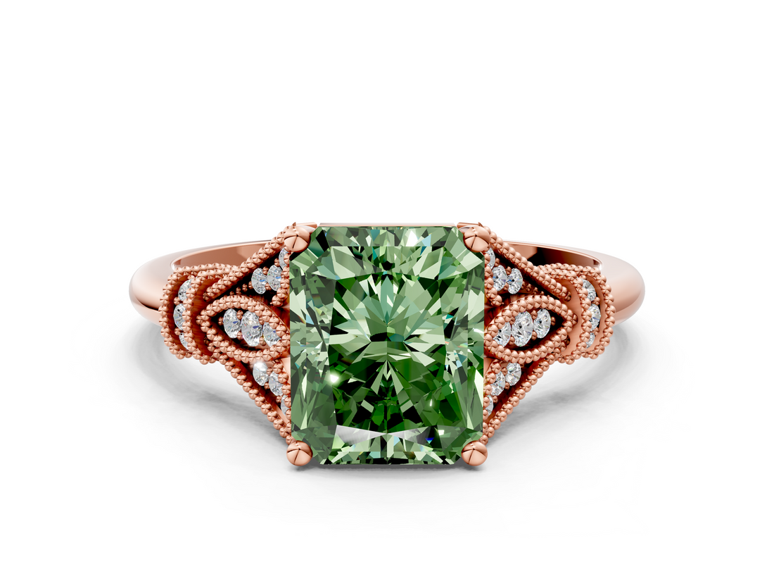 Rose gold Fancy Green Radiant  Brilliant Solitaire with Pave Band and Four-Prong Setting_20
