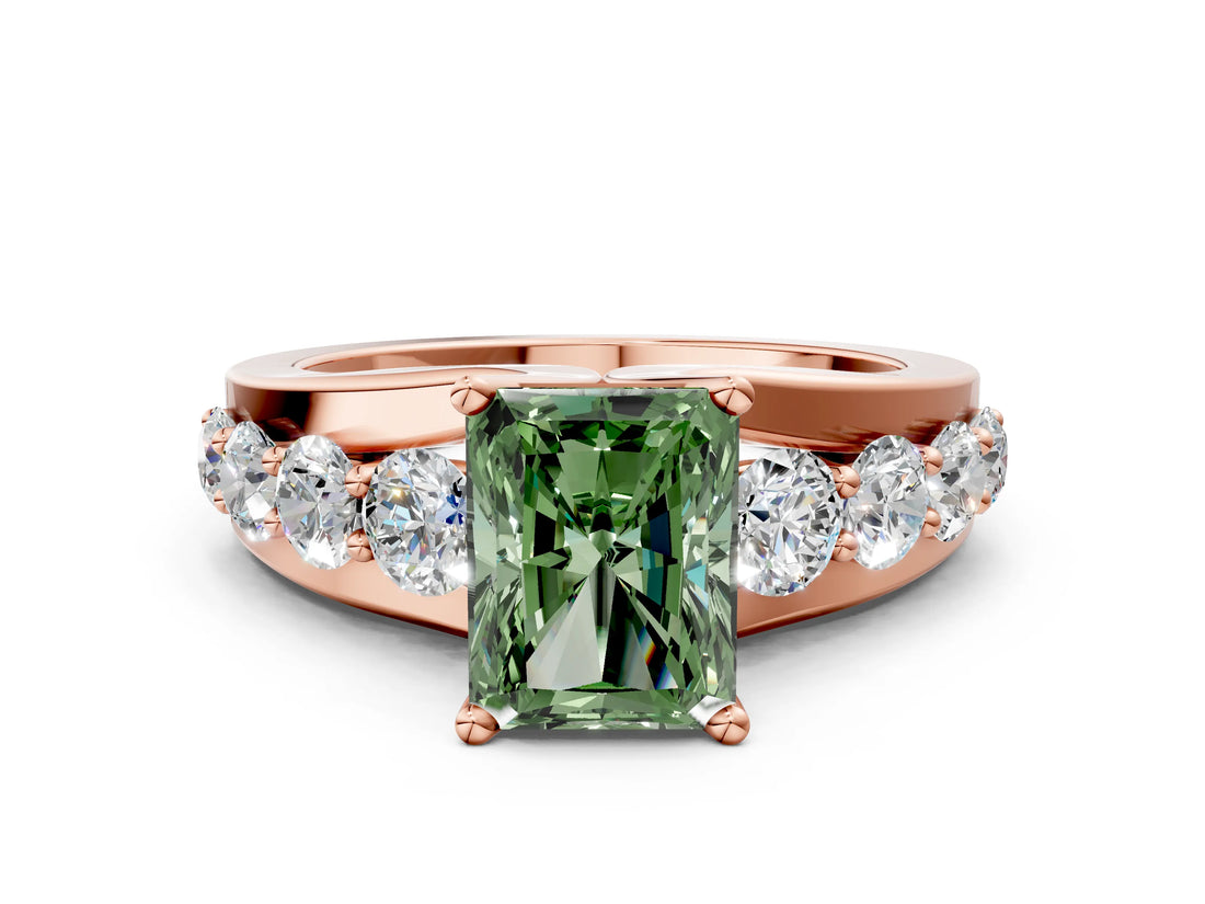Rose gold Fancy Green Radiant  Brilliant Solitaire with Side Stones on a Pave Band and Four-Prong Setting_24