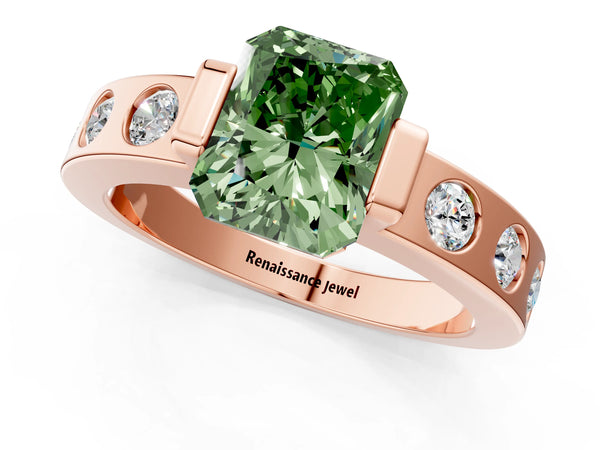 Rose gold Fancy Green Radiant Cut Brilliant Channel-Set Diamond Ring with Bezel Prong Setting