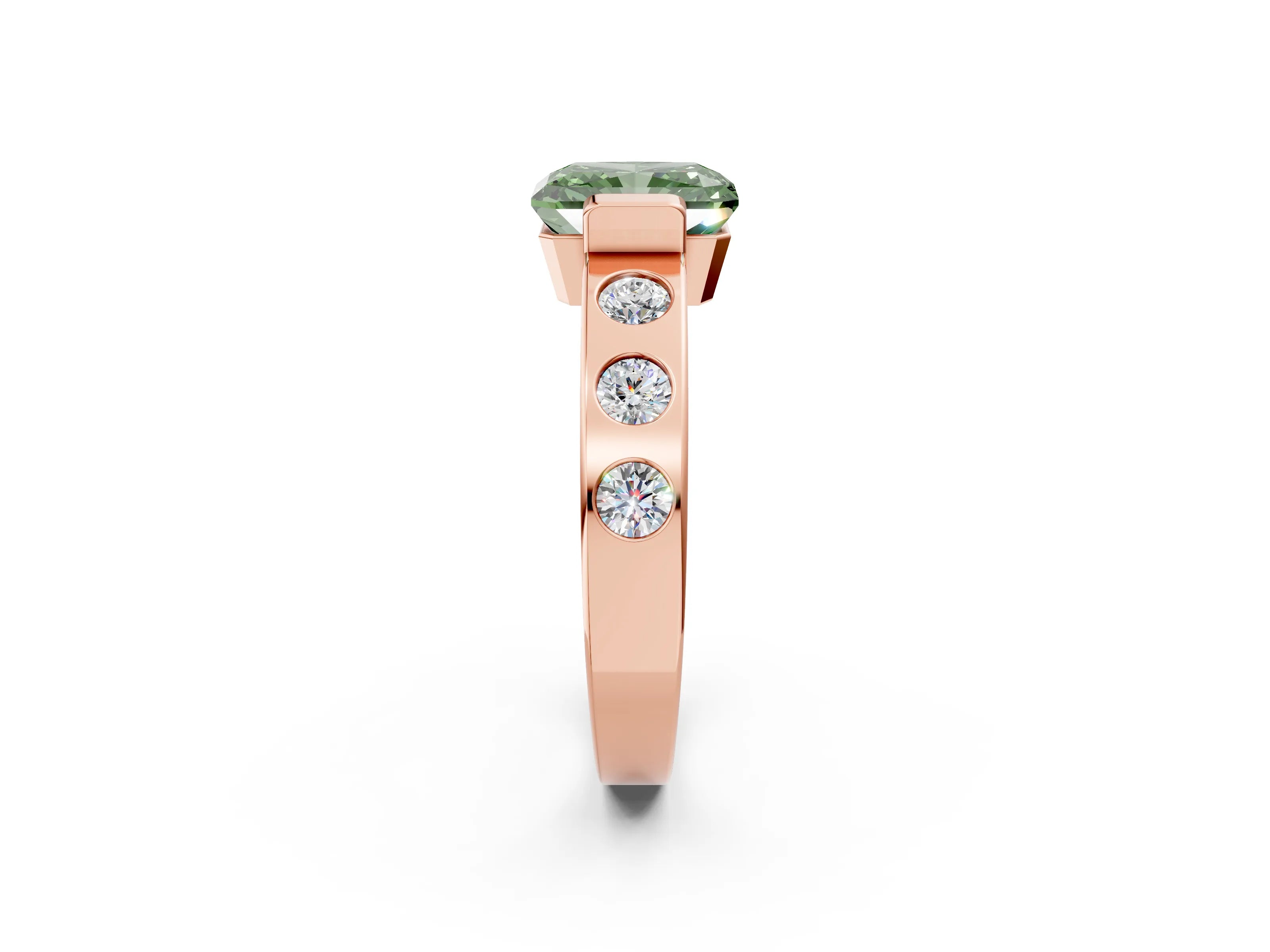 Rose gold Fancy Green Radiant Cut Brilliant Channel-Set Diamond Ring with Bezel Prong Setting_2