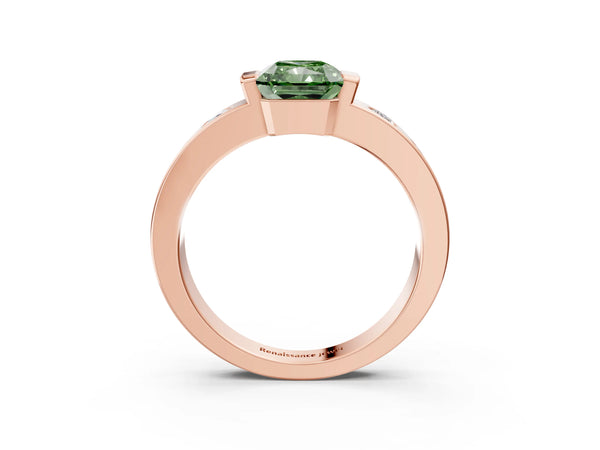 Rose gold Fancy Green Radiant Cut Brilliant Channel-Set Diamond Ring with Bezel Prong Setting