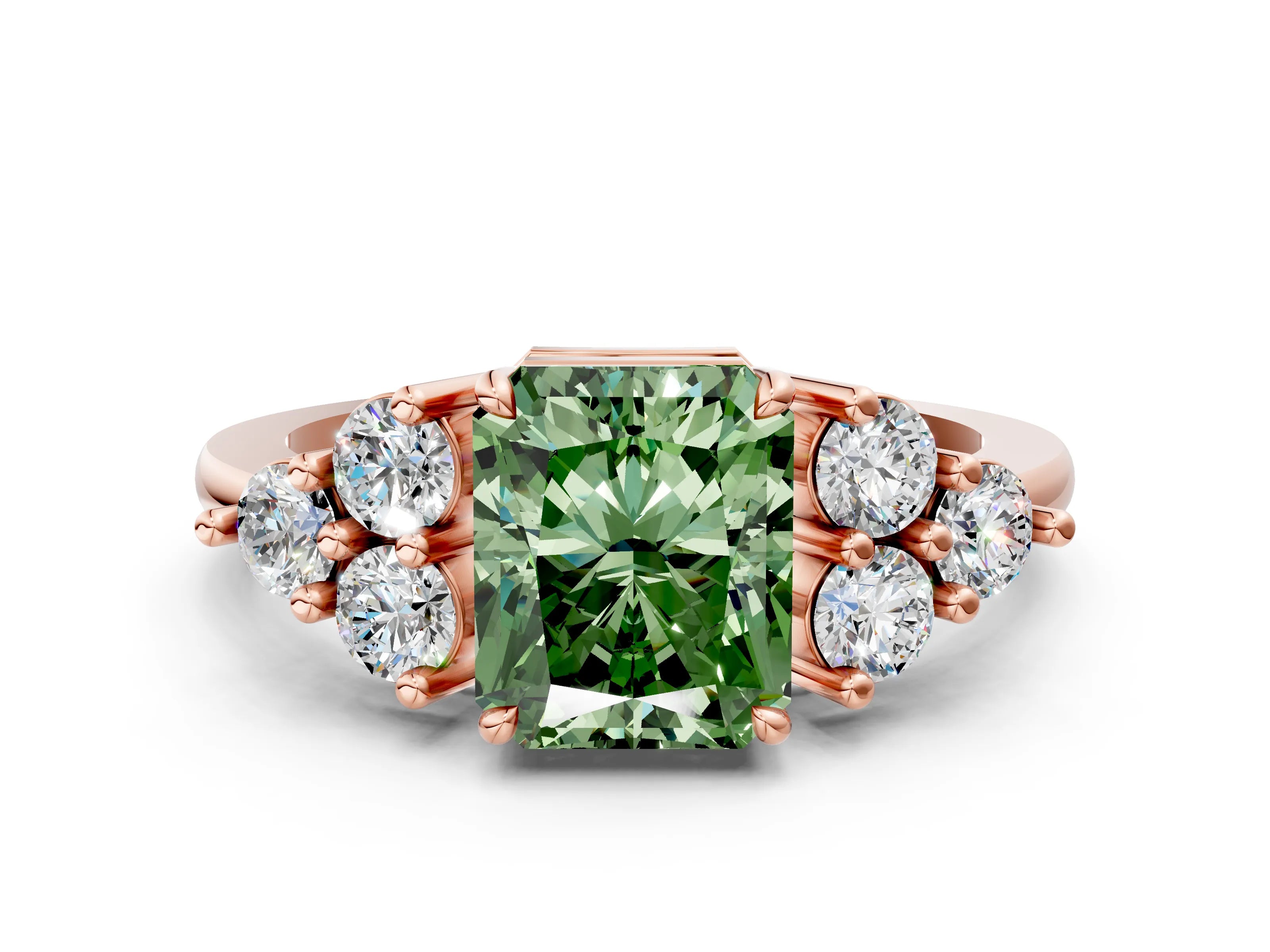 Rose gold Fancy Green Radiant Cut Brilliant Diamond Cluster Accent Solitaire Ring with Prong Setting