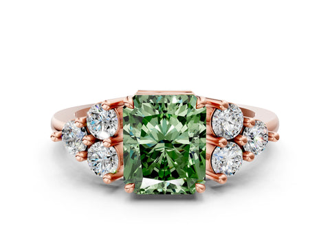 Rose gold Fancy Green Radiant Cut Brilliant Diamond Cluster Accent Solitaire Ring with Prong Setting