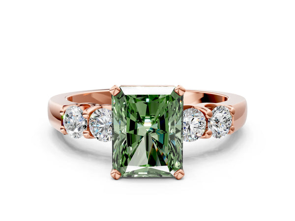 Rose gold Fancy Green Radiant Cut Brilliant Diamond Five-Stone Engagement Ring with Prong Setting on a Classic Band