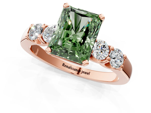 Rose gold Fancy Green Radiant Cut Brilliant Diamond Five-Stone Engagement Ring with Prong Setting on a Classic Band