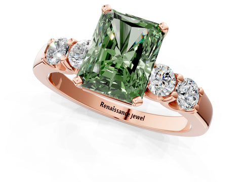 Rose gold Fancy Green Radiant Cut Brilliant Diamond Five-Stone Engagement Ring with Prong Setting on a Classic Band_4
