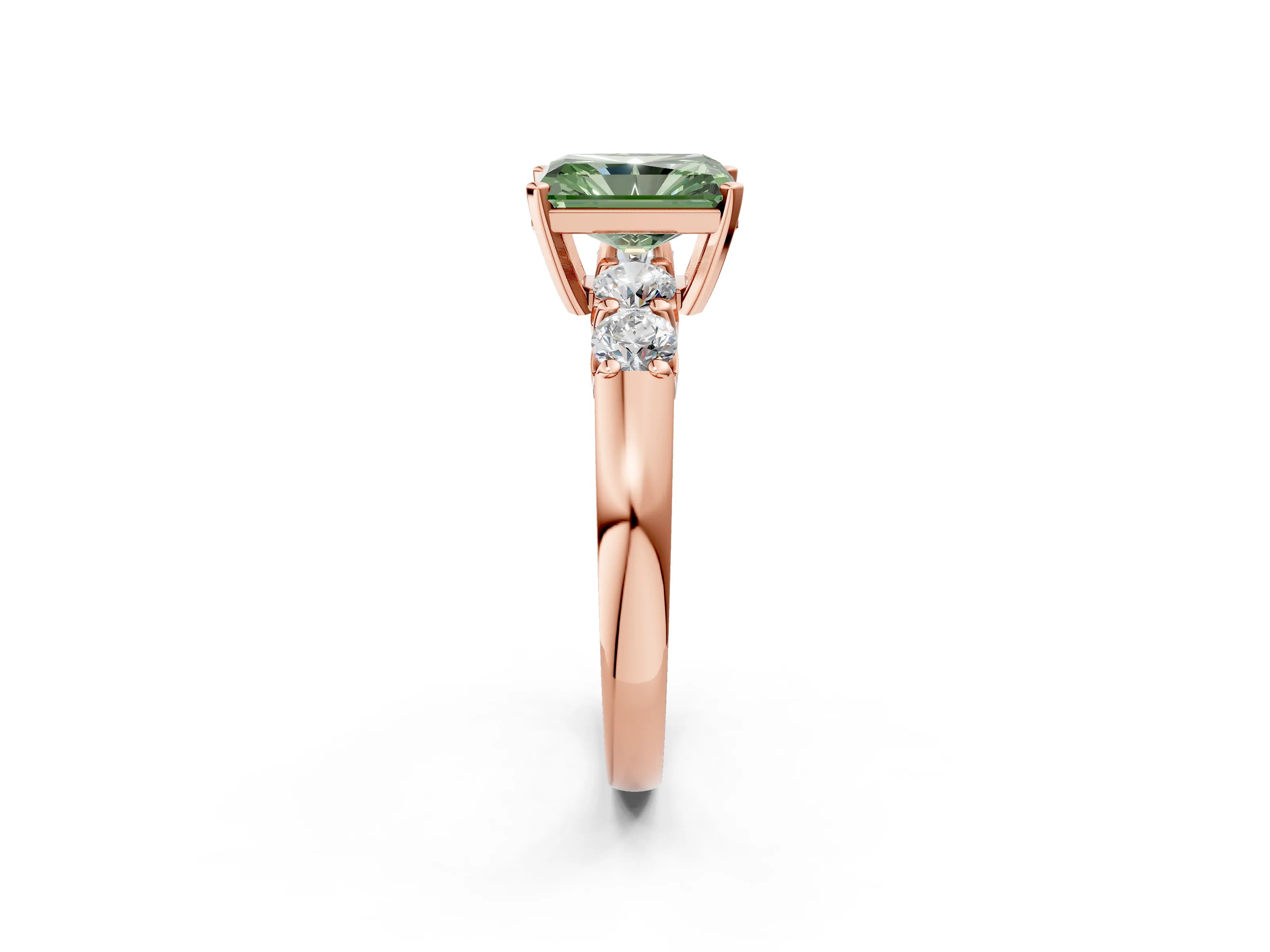 Rose gold Fancy Green Radiant Cut Brilliant Diamond Five-Stone Engagement Ring with Prong Setting on a Classic Band_5
