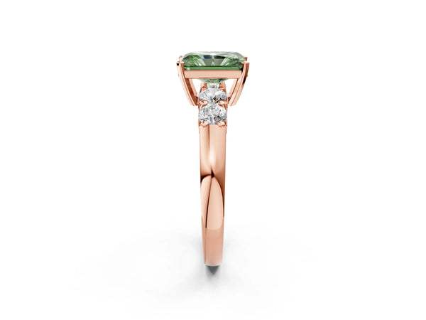 Rose gold Fancy Green Radiant Cut Brilliant Diamond Five-Stone Engagement Ring with Prong Setting on a Classic Band