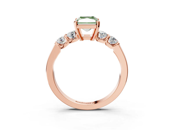 Rose gold Fancy Green Radiant Cut Brilliant Diamond Five-Stone Engagement Ring with Prong Setting on a Classic Band