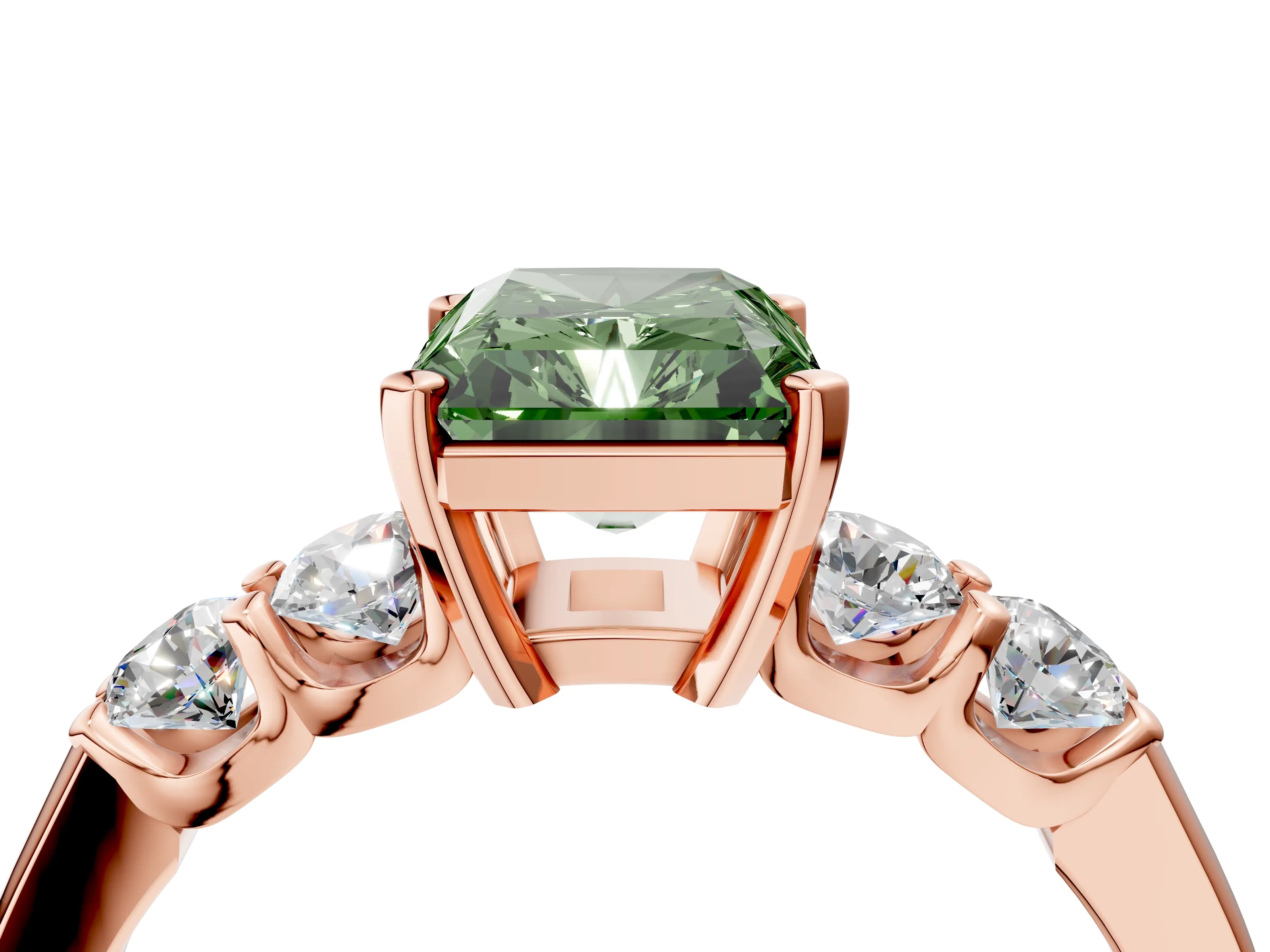 Rose gold Fancy Green Radiant Cut Brilliant Diamond Five-Stone Engagement Ring with Prong Setting on a Classic Band_7