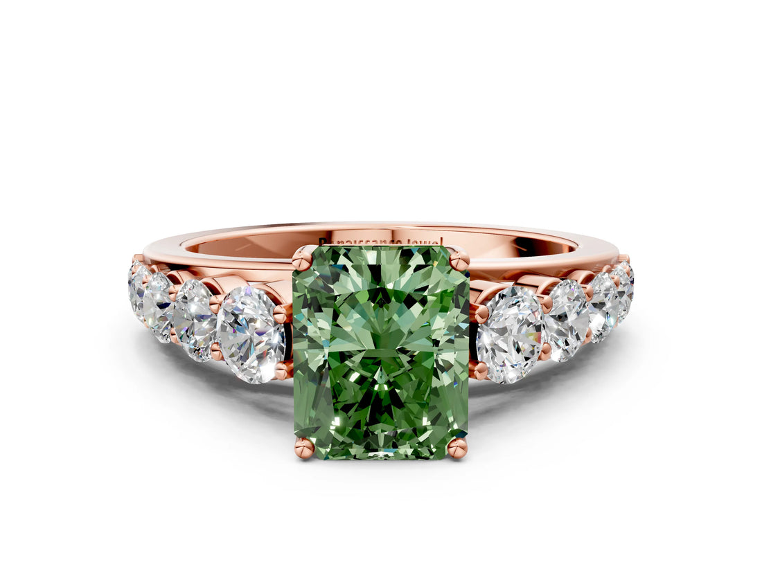 Rose gold Fancy Green Radiant Cut Brilliant Diamond Pavé Band with Six-Prong Setting