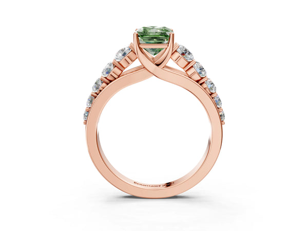 Rose gold Fancy Green Radiant Cut Brilliant Diamond Pavé Band with Six-Prong Setting