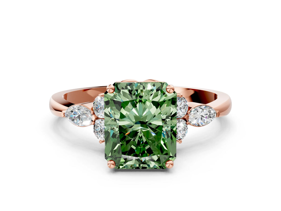 Rose gold Fancy Green Radiant Cut Brilliant Diamond Solitaire Ring with Pear Side Stones and Four-Prong Setting_3