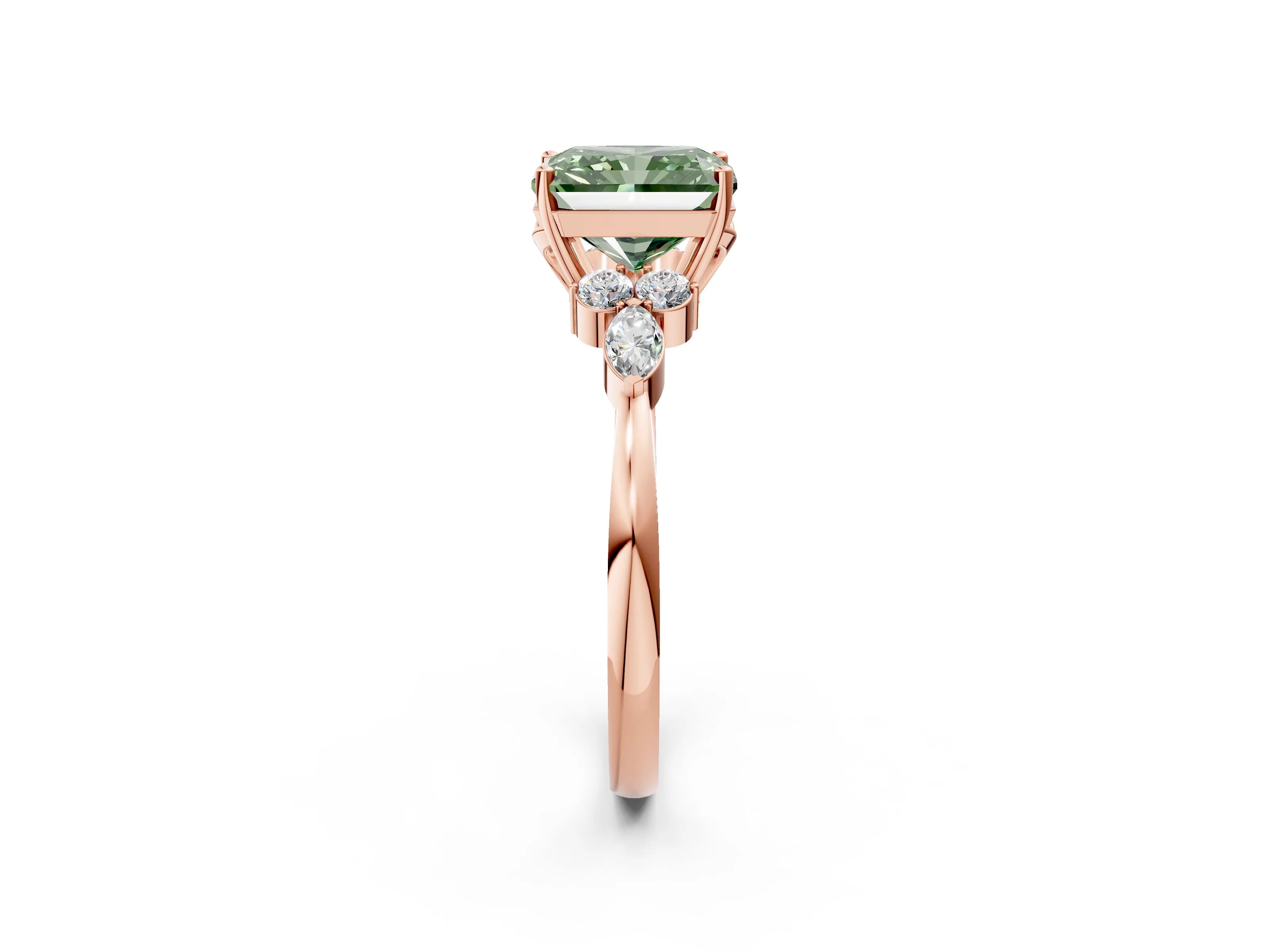 Rose gold Fancy Green Radiant Cut Brilliant Diamond Solitaire Ring with Pear Side Stones and Four-Prong Setting_5
