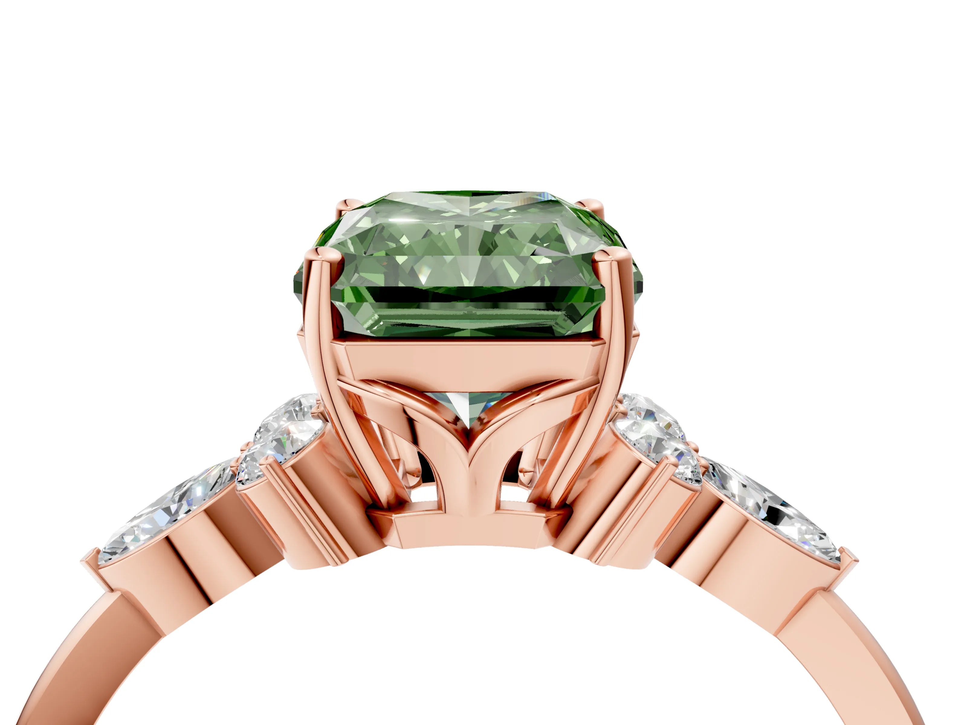Rose gold Fancy Green Radiant Cut Brilliant Diamond Solitaire Ring with Pear Side Stones and Four-Prong Setting_7