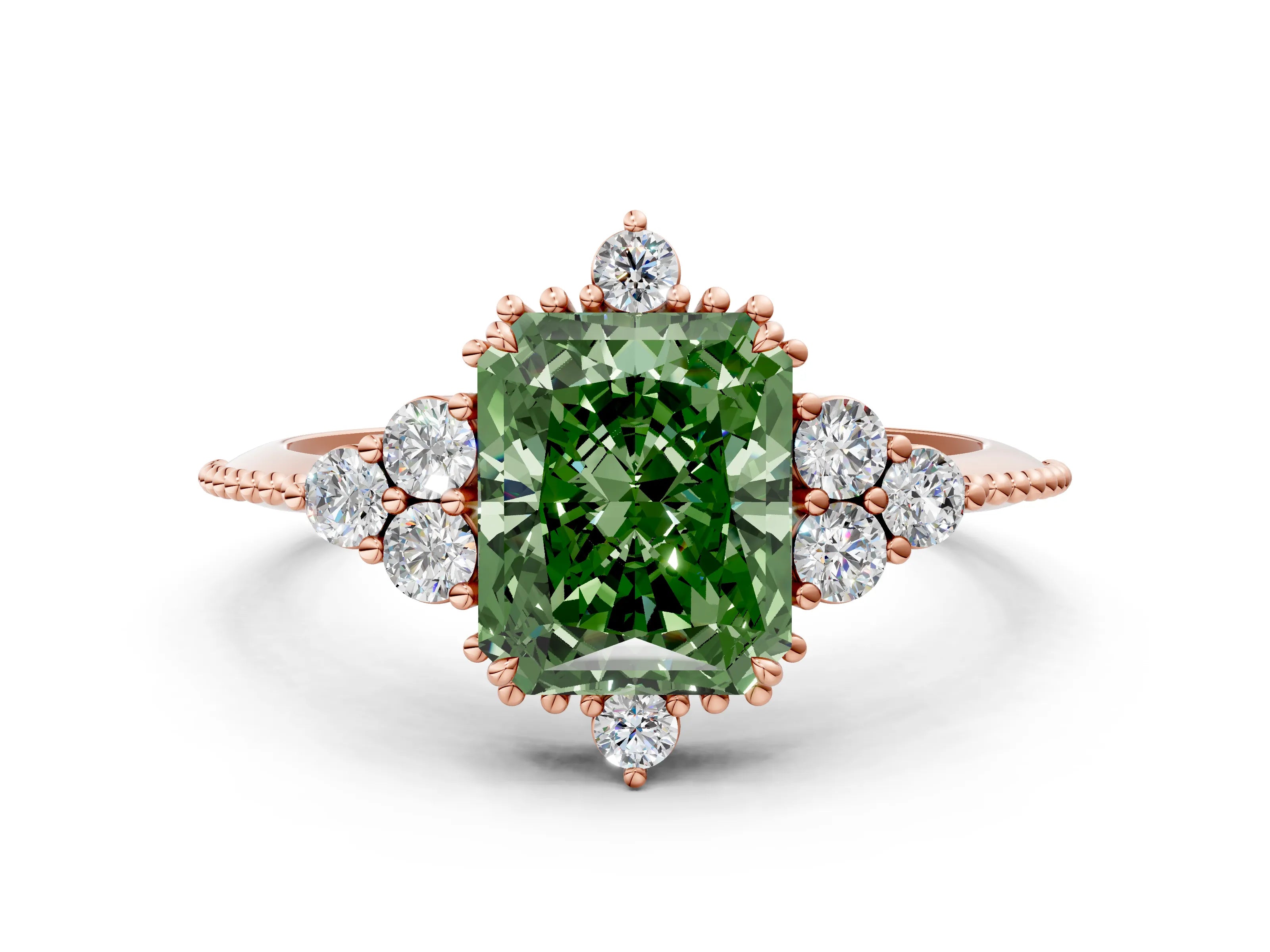 Rose gold Fancy Green Radiant Cut Brilliant Diamond with Cluster Setting on a Beaded Band and Four-Prong Setting