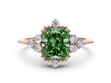 Rose gold Fancy Green Radiant Cut Brilliant Diamond with Cluster Setting on a Beaded Band and Four-Prong Setting