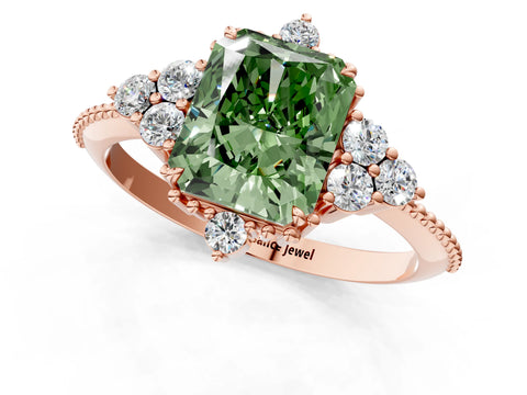Rose gold Fancy Green Radiant Cut Brilliant Diamond with Cluster Setting on a Beaded Band and Four-Prong Setting_1