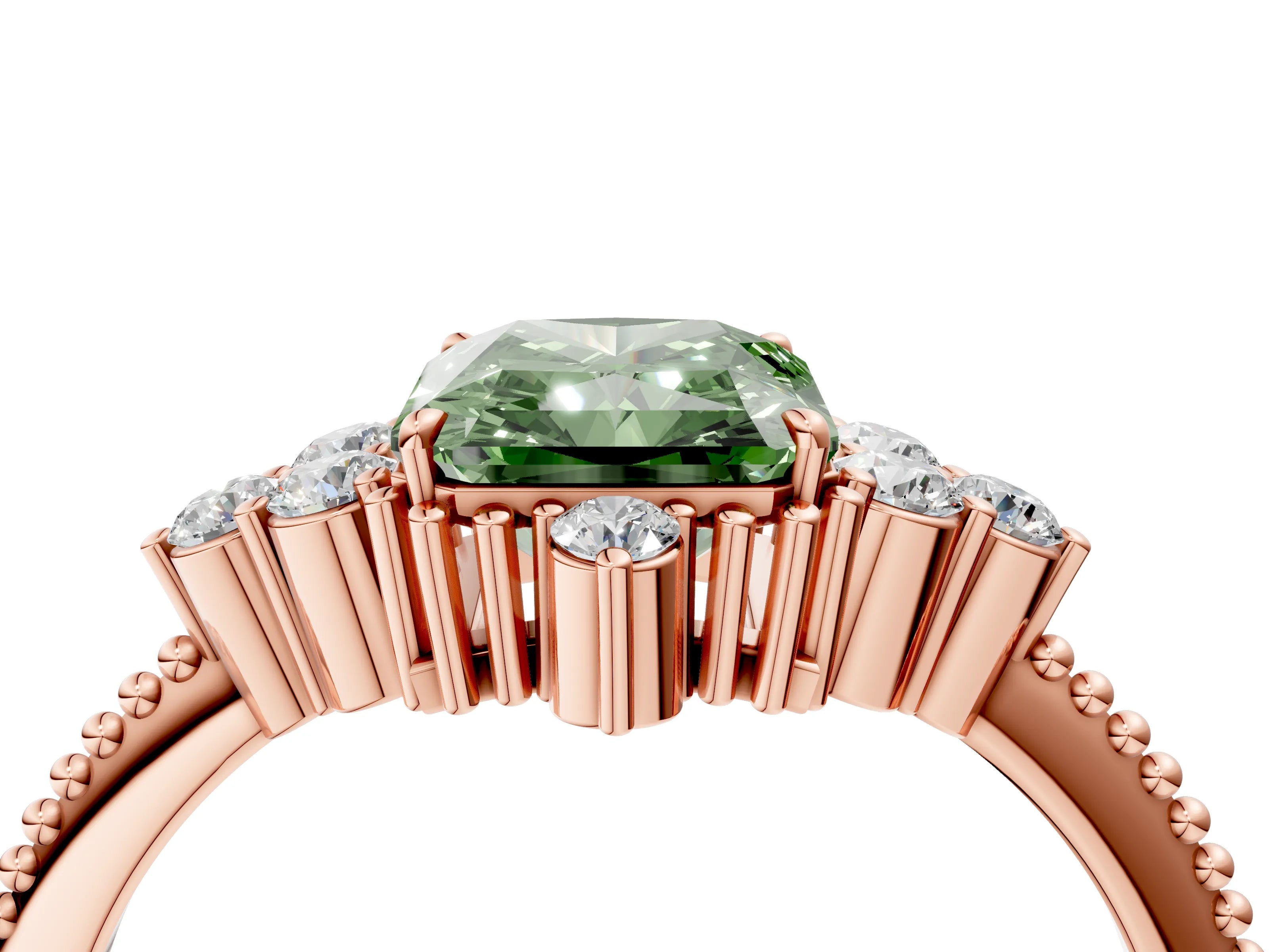 Rose gold Fancy Green Radiant Cut Brilliant Diamond with Cluster Setting on a Beaded Band and Four-Prong Setting_4