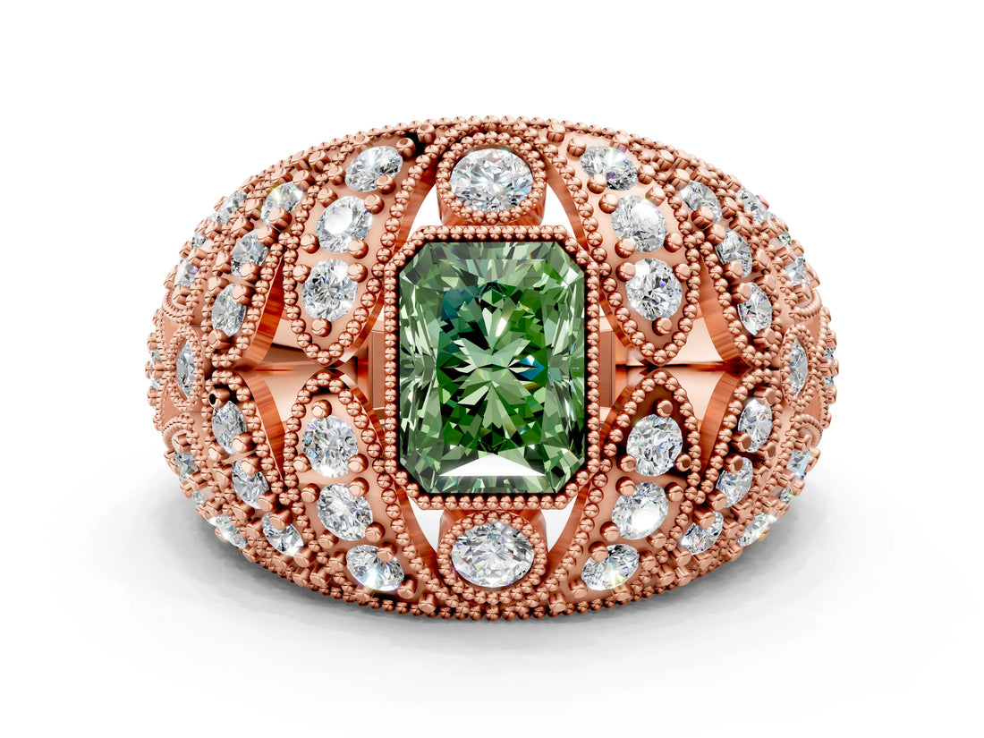 Rose gold Fancy Green Radiant Cut Brilliant Halo Pave Diamond Milgrain Ring