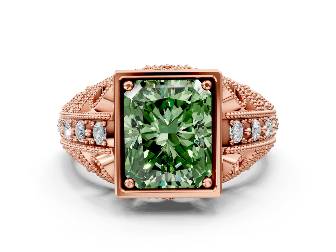 Rose gold Fancy Green Radiant Cut Brilliant Milgrain Filigree Diamond Ring with Square Prong Setting