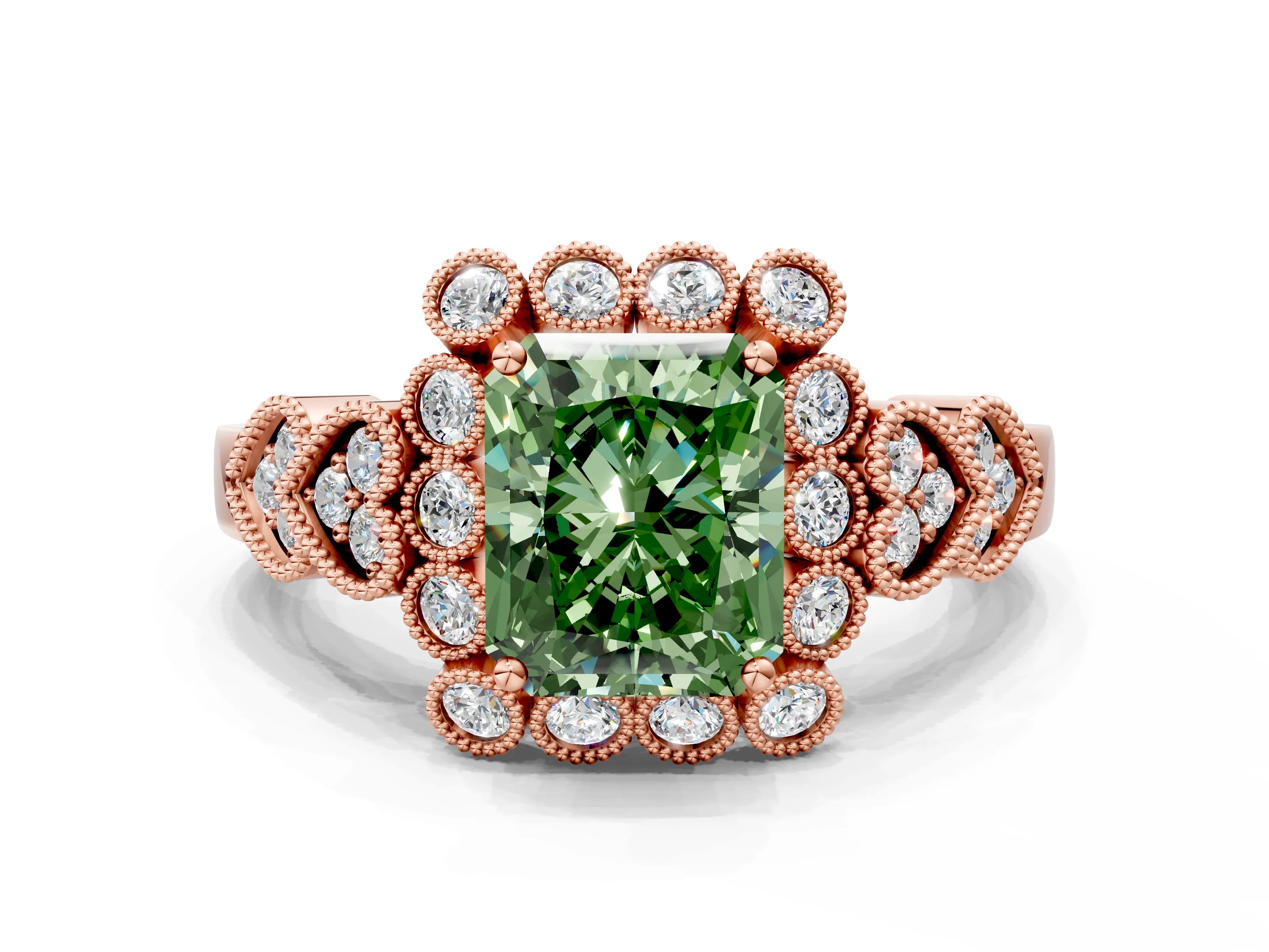 Rose gold Fancy Green Radiant Cut Brilliant Milgrain Pave Heart Band Solitaire Ring
