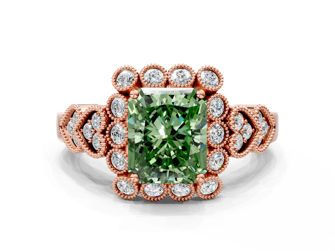 Rose gold Fancy Green Radiant Cut Brilliant Milgrain Pave Heart Band Solitaire Ring