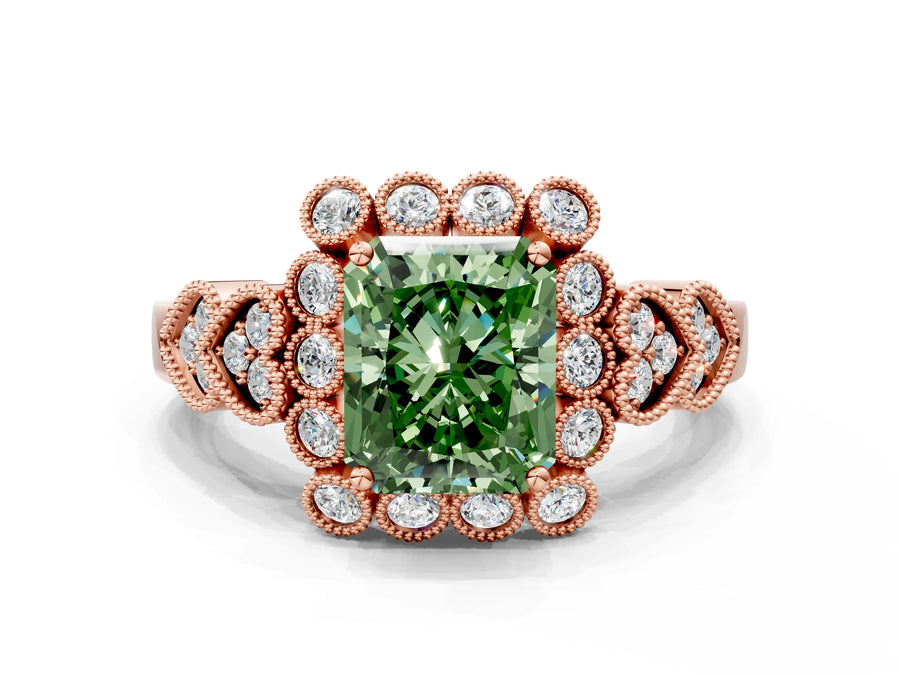 Rose gold Fancy Green Radiant Cut Brilliant Milgrain Pave Heart Band Solitaire Ring
