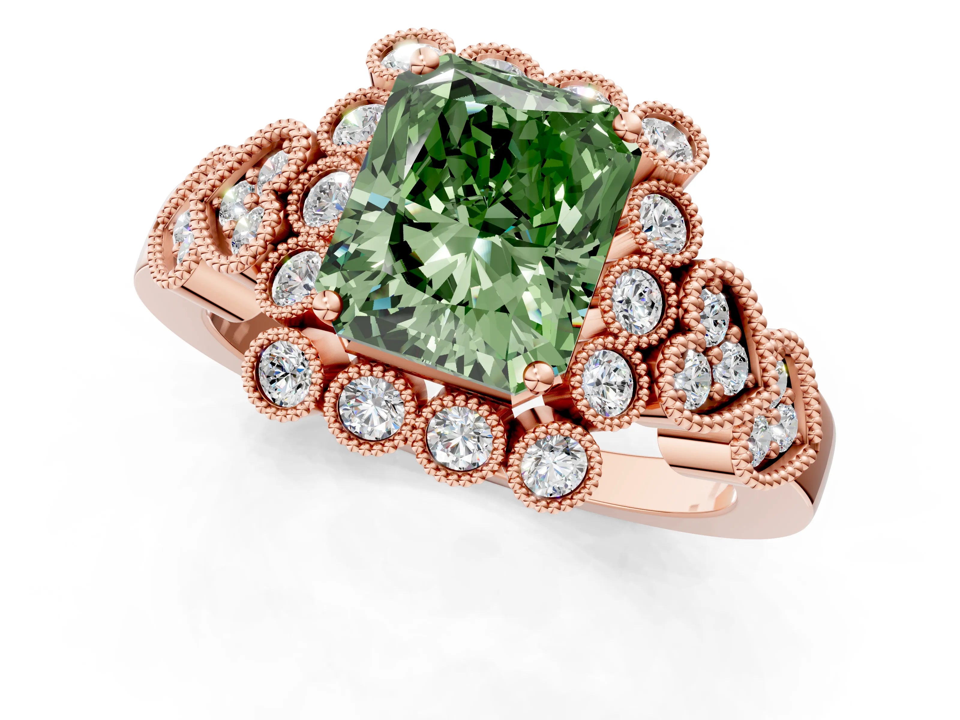 Rose gold Fancy Green Radiant Cut Brilliant Milgrain Pave Heart Band Solitaire Ring_1
