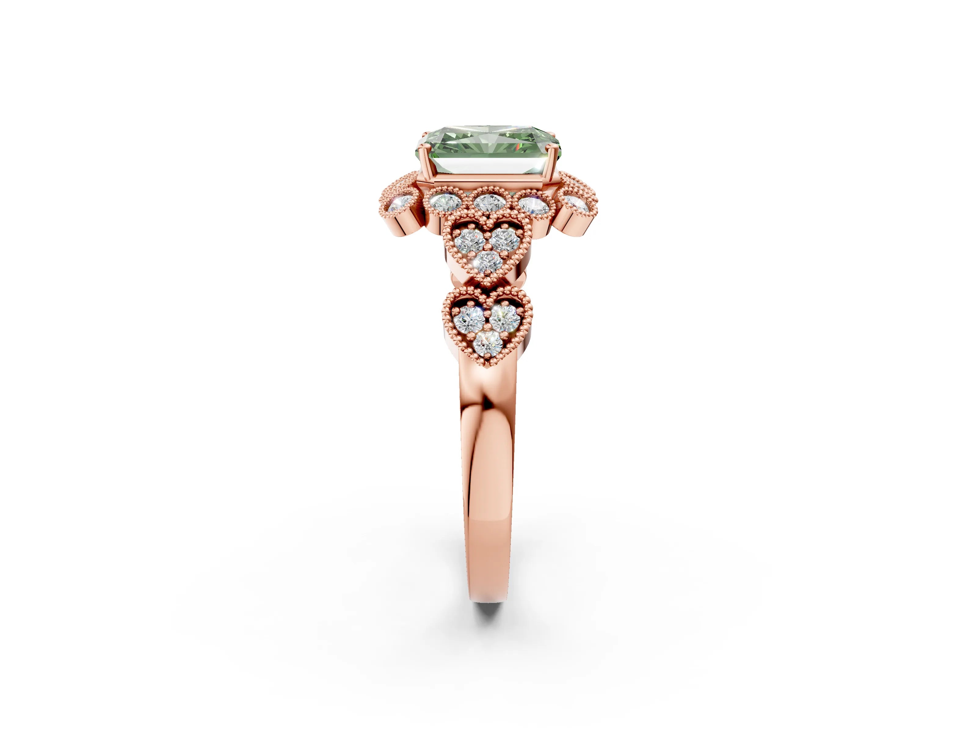Rose gold Fancy Green Radiant Cut Brilliant Milgrain Pave Heart Band Solitaire Ring_2