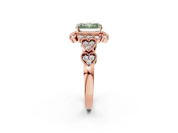 Rose gold Fancy Green Radiant Cut Brilliant Milgrain Pave Heart Band Solitaire Ring