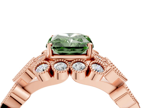 Rose gold Fancy Green Radiant Cut Brilliant Milgrain Pave Heart Band Solitaire Ring_4