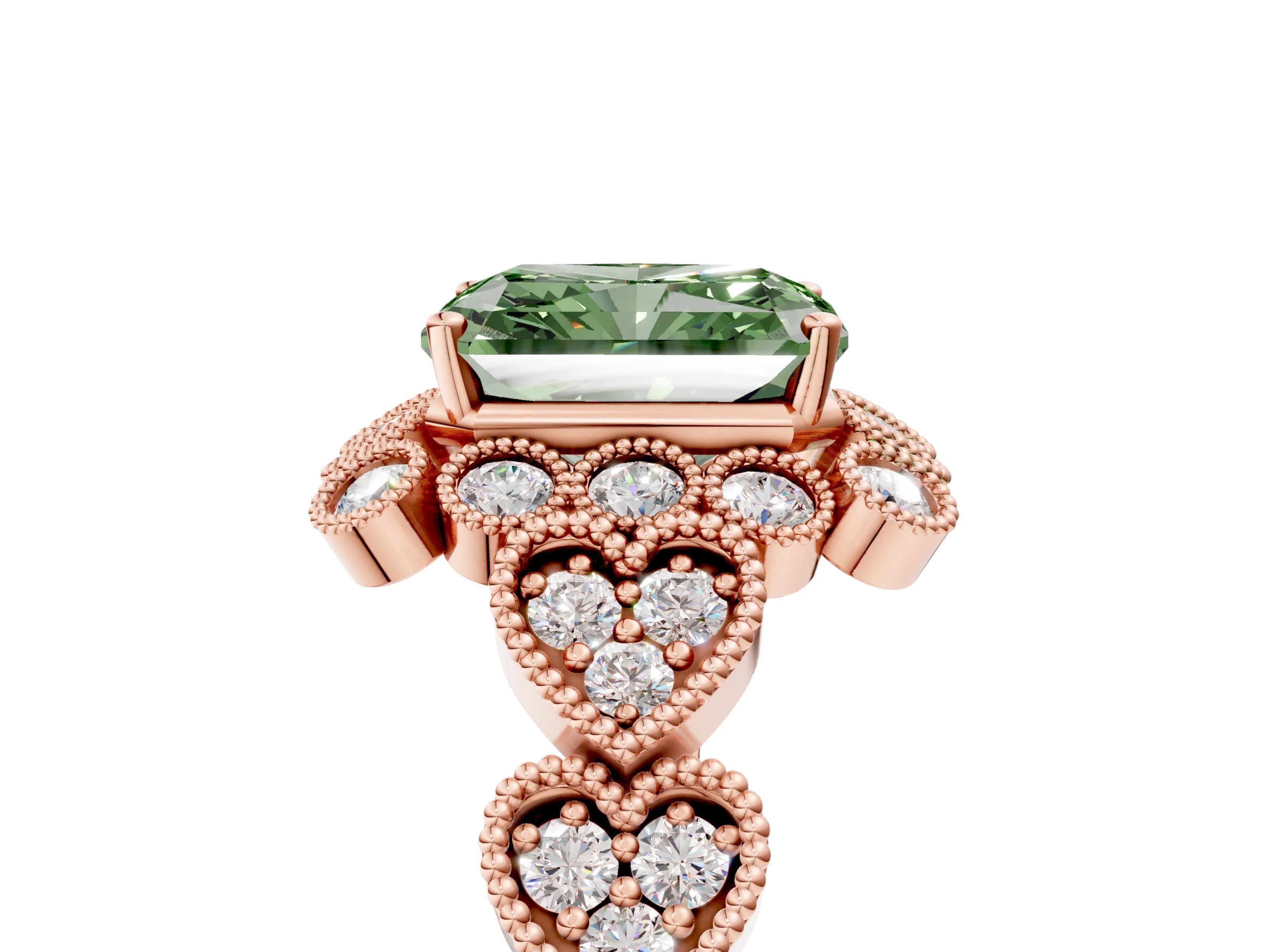 Rose gold Fancy Green Radiant Cut Brilliant Milgrain Pave Heart Band Solitaire Ring_5