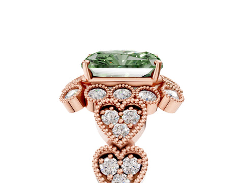 Rose gold Fancy Green Radiant Cut Brilliant Milgrain Pave Heart Band Solitaire Ring_5