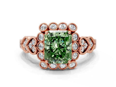 Rose gold Fancy Green Radiant Cut Brilliant Milgrain Pave Heart Band Solitaire Ring