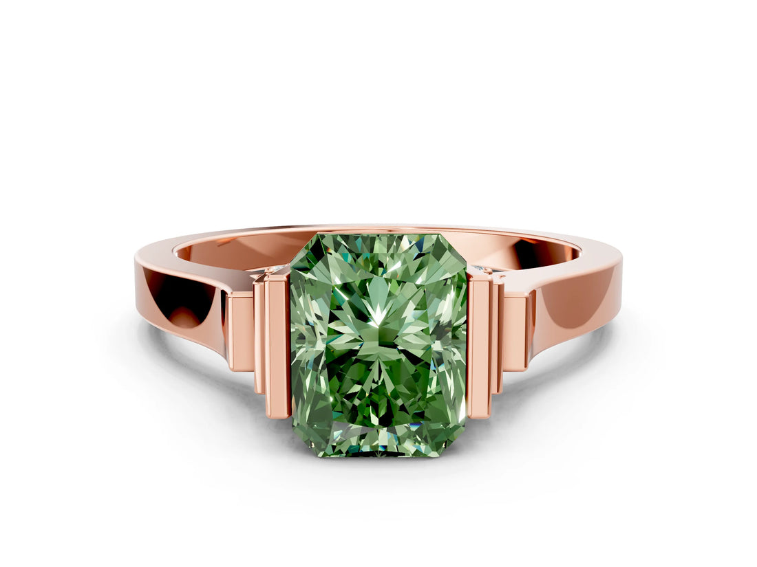 Rose gold Fancy Green Radiant Cut Brilliant Solitaire Diamond Ring with Channel Set Band and Bar Prong Setting
