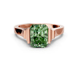 Rose gold Fancy Green Radiant Cut Brilliant Solitaire Diamond Ring with Channel Set Band and Bar Prong Setting