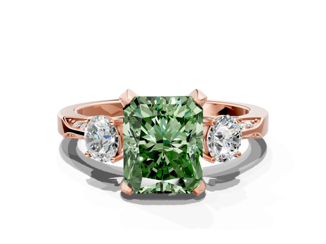 Rose gold Fancy Green Radiant Cut Brilliant Three-Stone Diamond Ring with Pavé Band and Four-Prong Setting_3