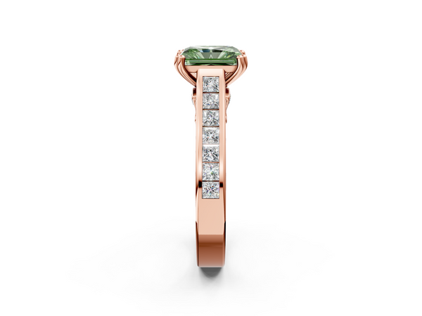 Rose Gold Radiant Cut Channel Set Solitaire Engagement Ring Setting for Fancy Green Center with Double Claw Prongs