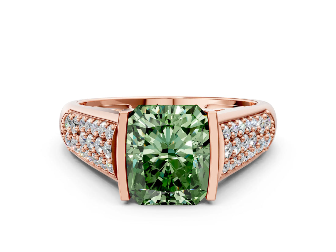Rose gold Fancy Green Radiant Cut Cut Diamond Channel Set Pave Band with Tension Prong Setting