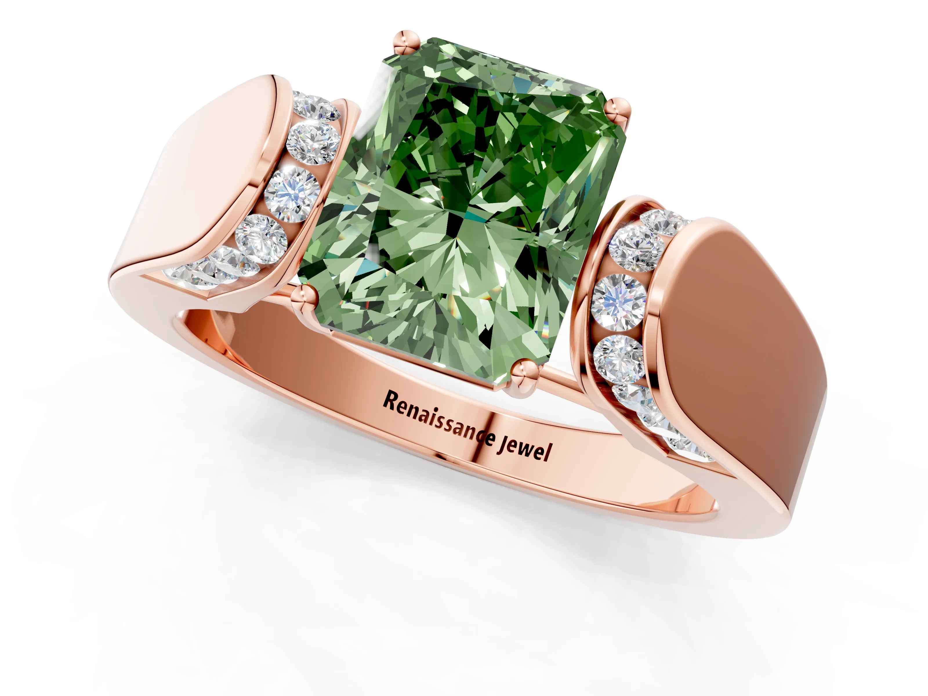 Rose gold Fancy Green Radiant Cut Cut Diamond Channel Set Solitaire Ring with Four-Prong Setting_1