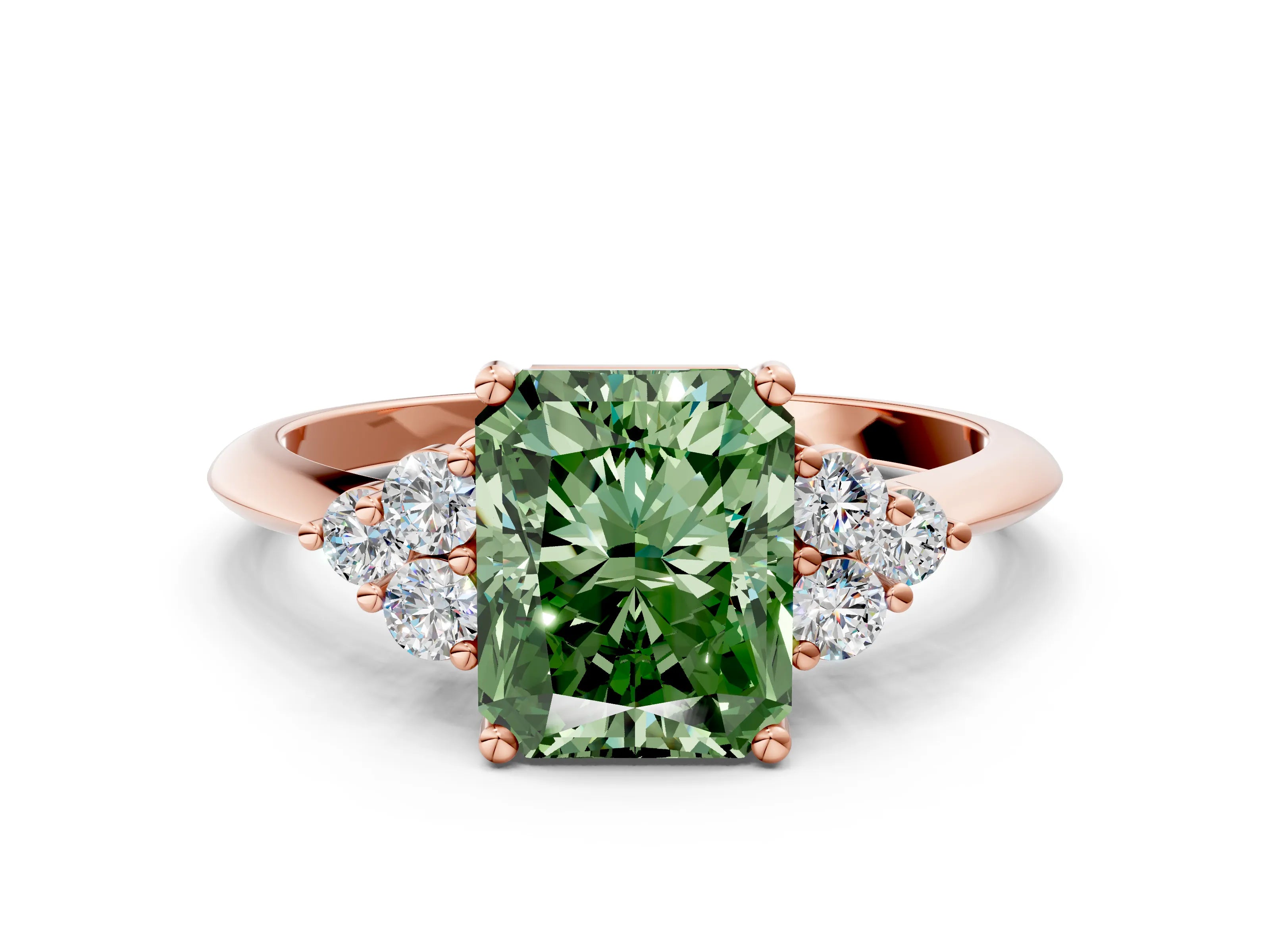 Rose gold Fancy Green Radiant Cut Cut Diamond Cluster Ring with Solitaire Band and Four-Prong Setting
